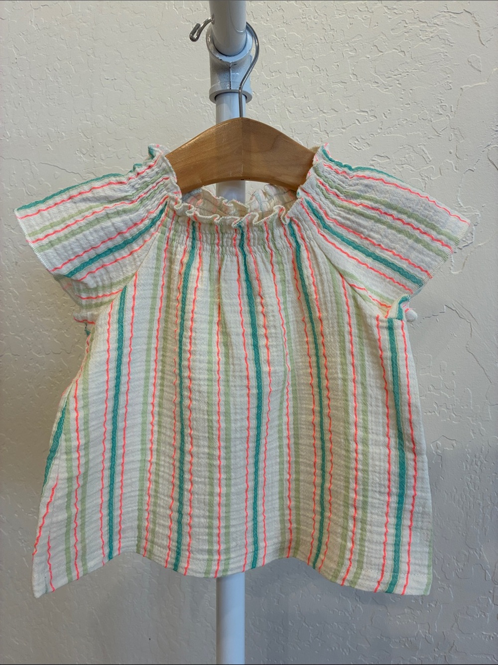 Girls' White Short-Sleeve Top with Pink & Green Stripes